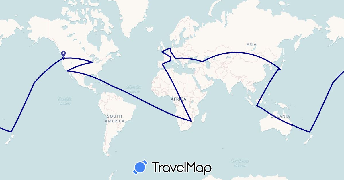 TravelMap itinerary: driving in Australia, Germany, Spain, France, United Kingdom, Georgia, Indonesia, Italy, Japan, Netherlands, New Zealand, United States, South Africa (Africa, Asia, Europe, North America, Oceania)